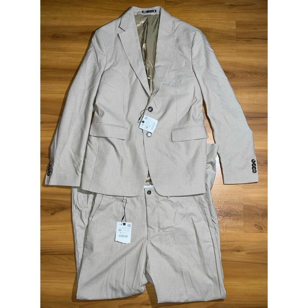 NWT ZARA Beige Business Casual 2 Button Work Dress Pants Blazer Sports Coat Suit